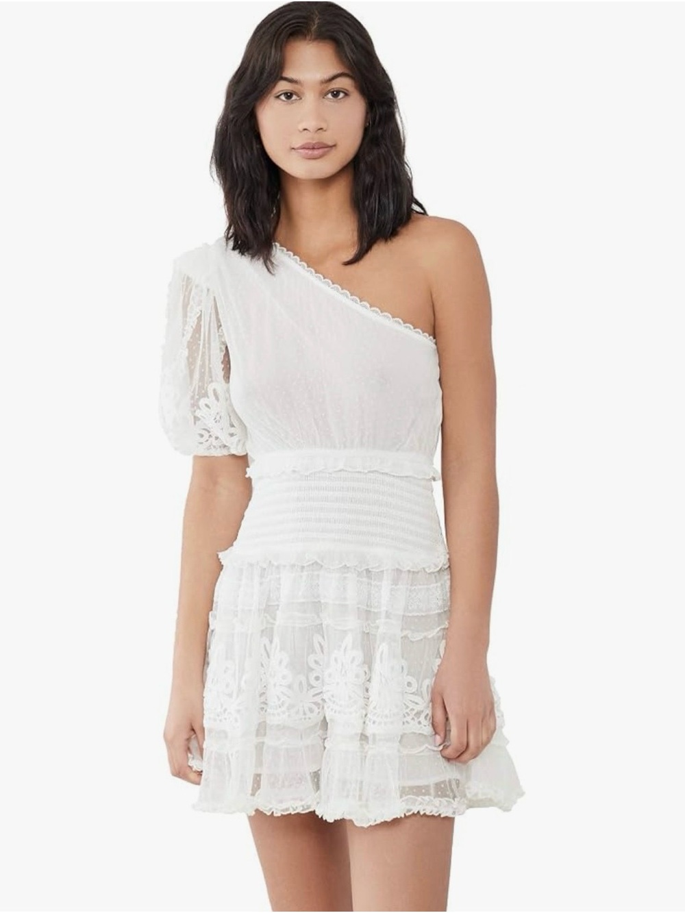Rococo Sand White One-Shoulder Lace Mini Dress with Puff Sleeve